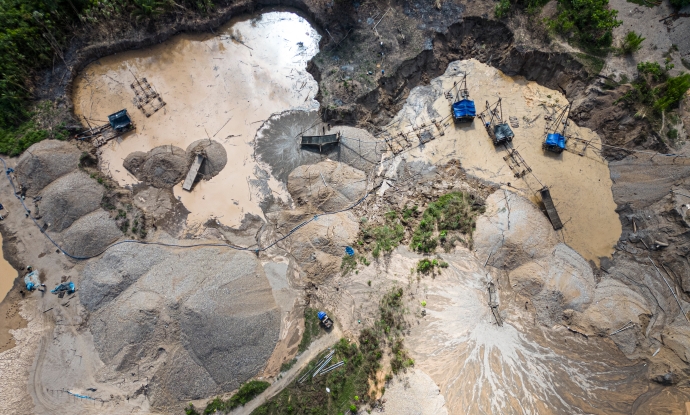 Aerial picture of dredges at an illegal gold mining area in the Madre de Dios department, in Peru&#039;s southeastern Amazon region, on May 31, 2024.